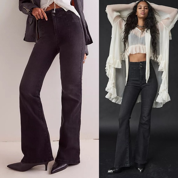 Free People We The Free Jayde Flare Jeans Onyx Black 30 High Rise Retro Boho - Picture 3 of 8
